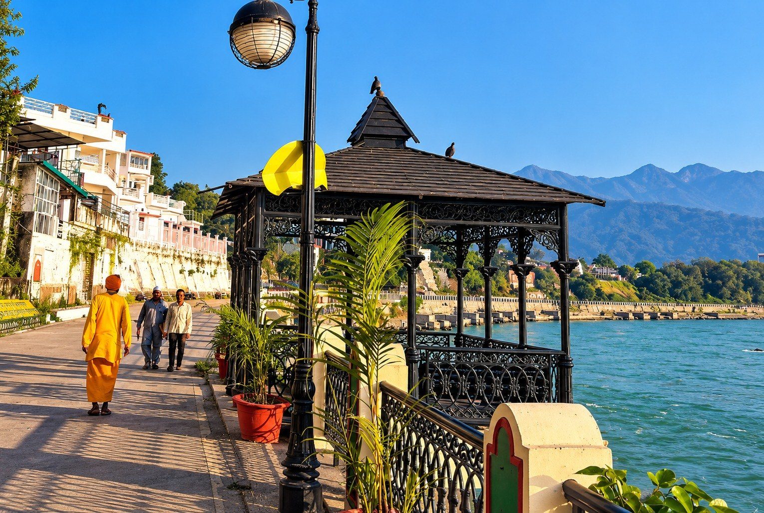 Riverside walkway and mountains in Rishikesh