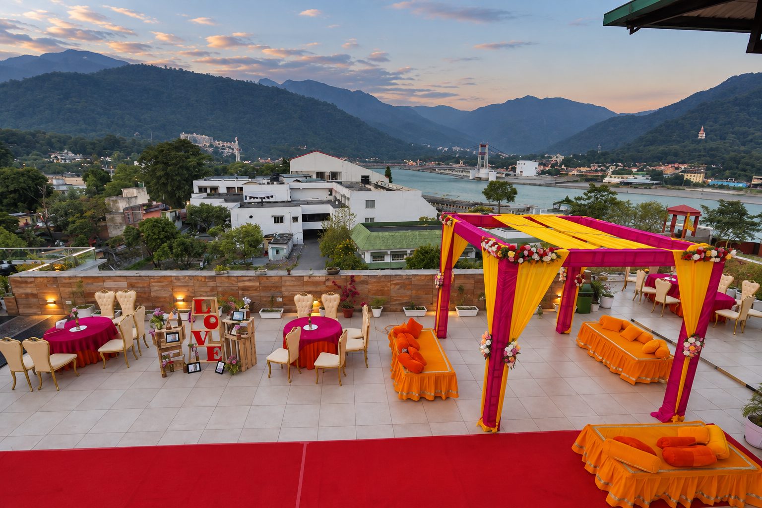 Rooftop celebration with mountain views