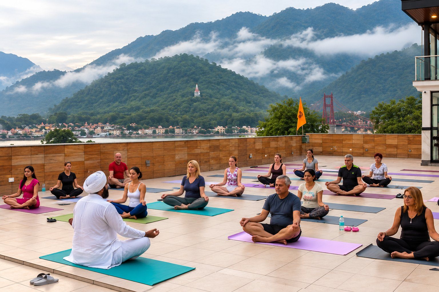 Outdoor yoga session overlooking Rishikesh